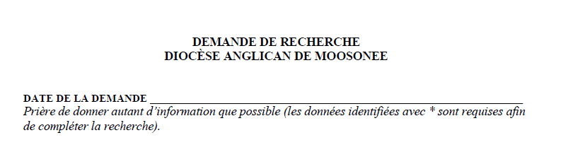 Demande de recherche, Diocèse anglican de Moosonee