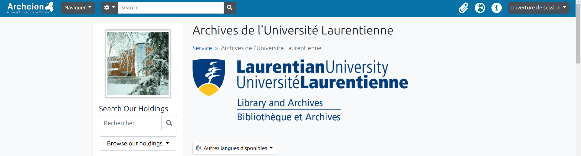 Capture d'écran de la page d'accueil des Archives de l'Université Laurentienne sur Archeion