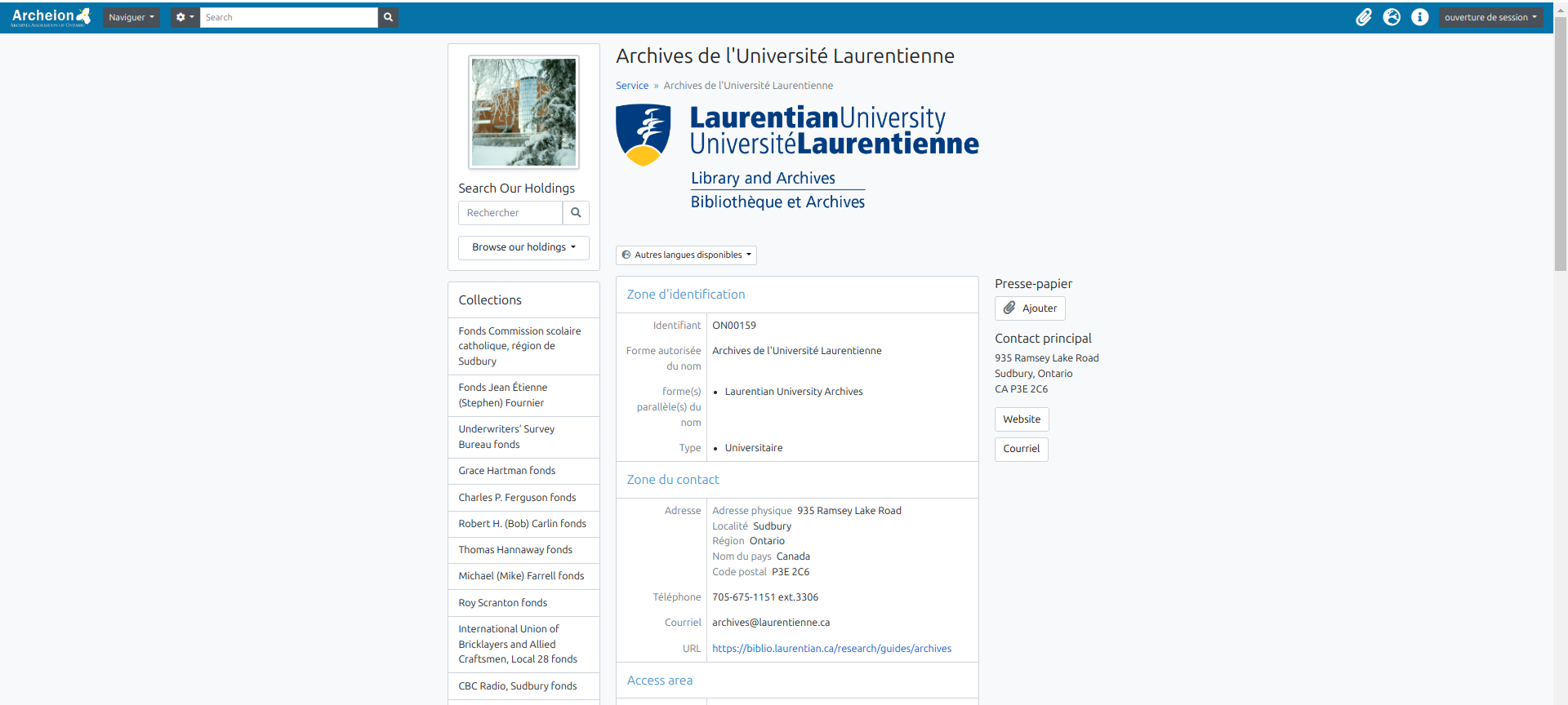 Capture d'écran de la page d'accueil des Archives de l'Université Laurentienne sur Archeion