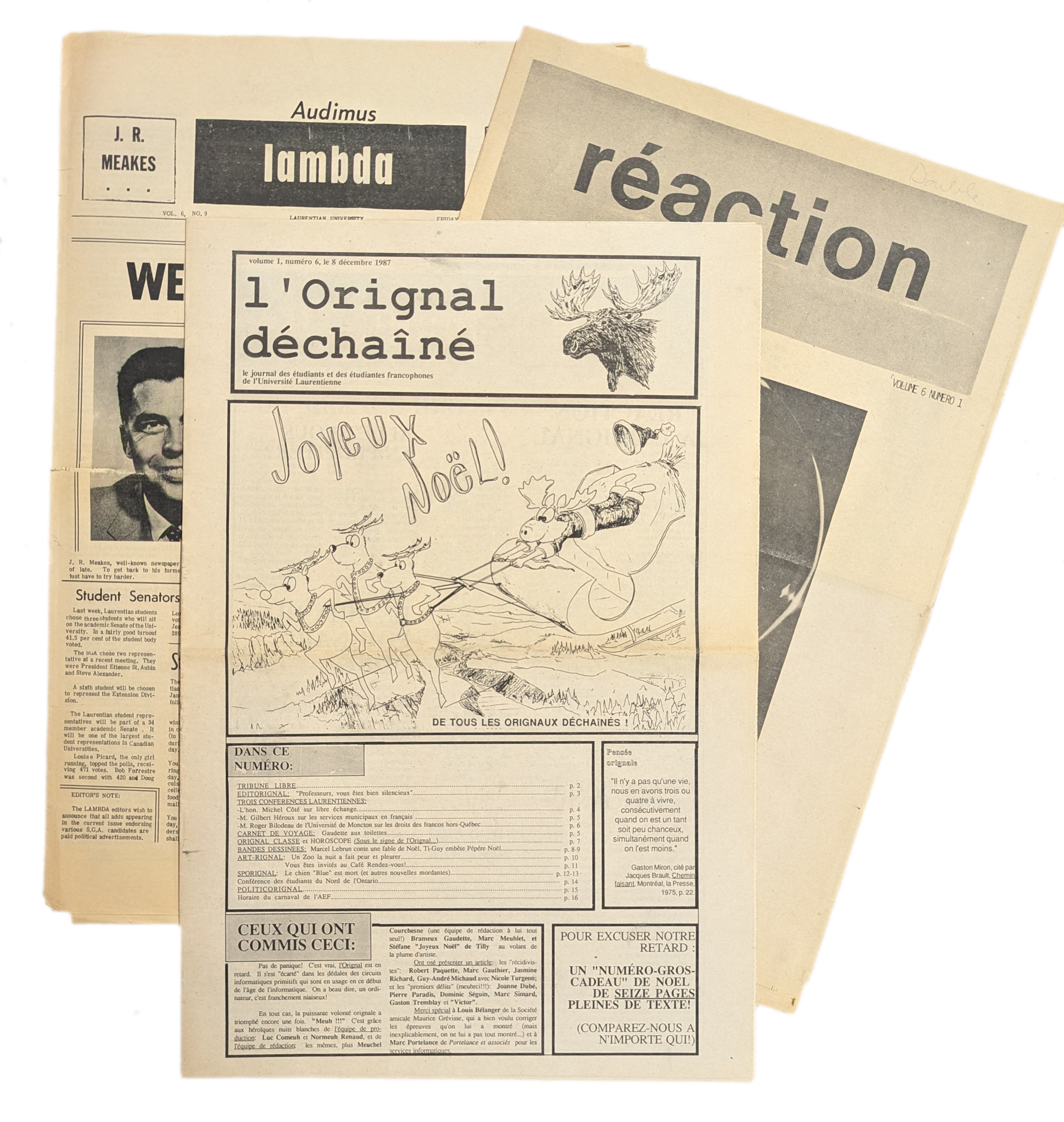 front page of newspaper l'Orignal déchaîné in front of of newspapers Lambda and Réaction