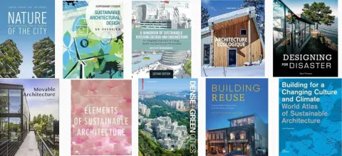 collage of covers of books on sustainable architecture and design, green architecture, passive house designs, global warming, and climate change