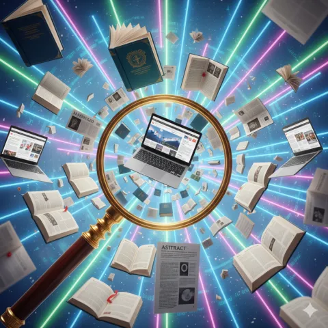 Image of a laptop under a magnifying glass with books circling