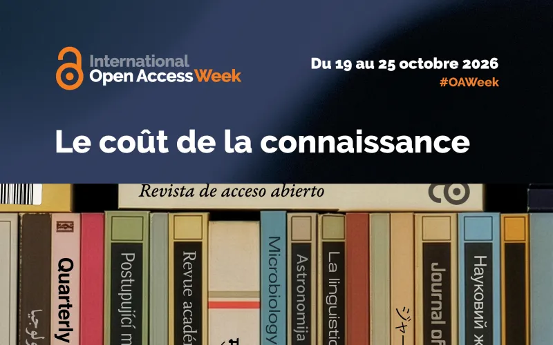 Semaine internationale du libre accès, du 19 au 25 octobre 2026. Thème : « Le coût du savoir ». Des livres et des revues en plusieurs langues portent des étiquettes de prix en différentes devises et côtoient des symboles du libre accès. #OAWeek