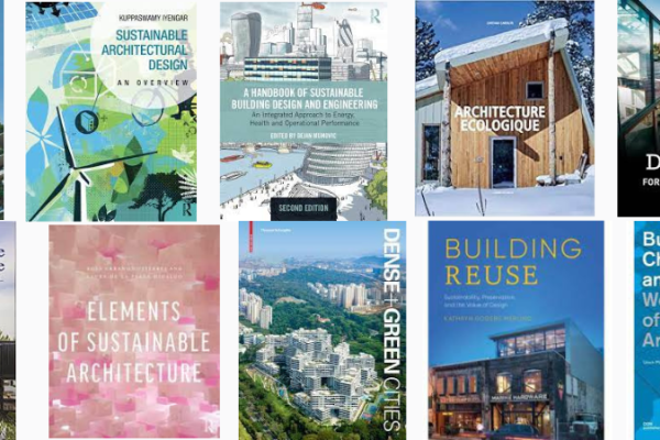 collage of covers of books on sustainable architecture and design, green architecture, passive house designs, global warming, and climate change